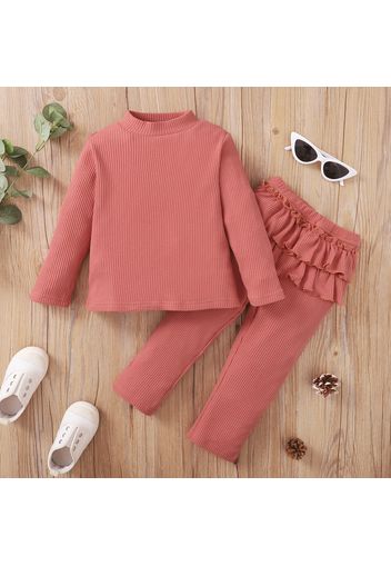 2-piece Toddler Girl Mock Neck Waffle Long-sleeve Top and Layered Ruffled Pants Set