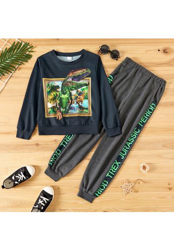 2-piece Kid Boy Animal Dinosaur Print Pullover Sweatshirt and Letter Print Pants Set