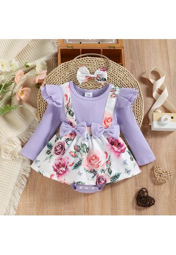 2pcs Baby Girl 95% Cotton Ribbed Long-sleeve Faux-two Floral Print Romper with Headband Set