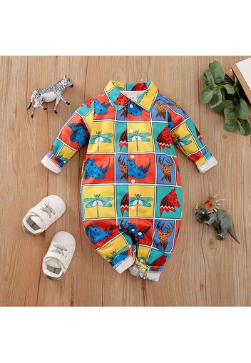 Baby Boy Colorblock Grid Allover Animal Print Long-sleeve Snap Jumpsuit