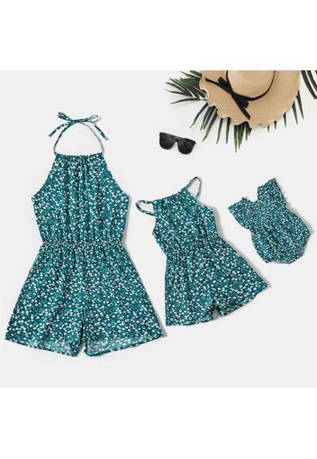 All Over Floral Print Halter Neck Self-tie Sleeveless Romper for Mom and Me