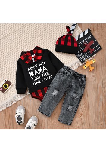 3-piece Baby Boy Letter Print Plaid Long-sleeve Romper, Ripped Denim Jeans and Cap Set