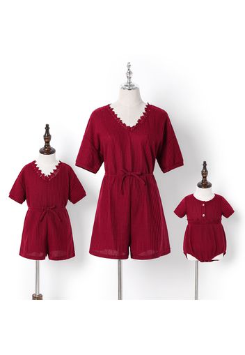 Red Lace V Neck Short-sleeve Waffle Romper Shorts for Mom and Me