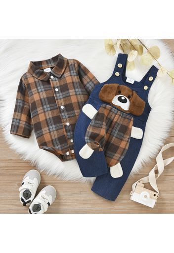 Christmas 2pcs Baby Red Plaid Long-sleeve Shirt Romper and 100% Cotton Denim Overalls Set