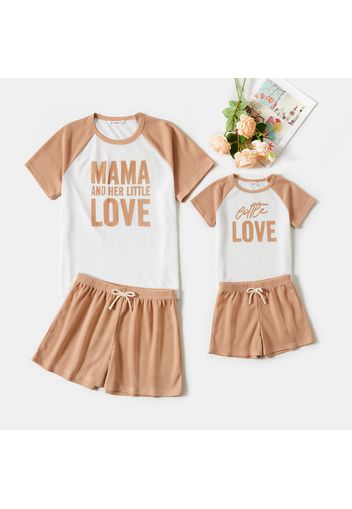 Letter Print Khaki Raglan-sleeve Waffle T-shirts and Shorts Sets for Mom and Me