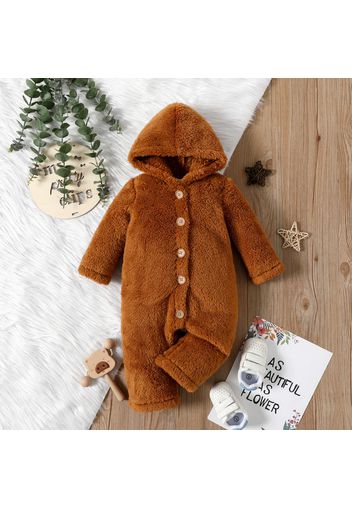 Baby Girl Solid Thickened Fuzzy Fleece Long-sleeve Hooded Jumpsuit