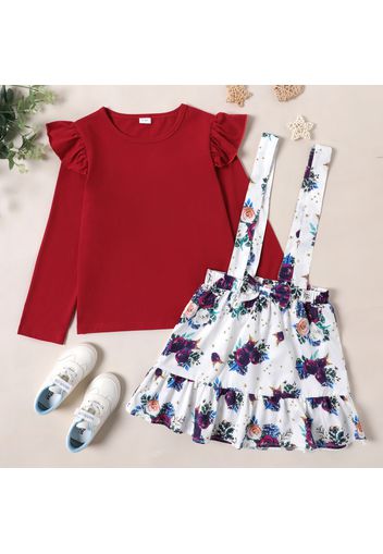 2-piece Kid Girl Ruffled Long-sleeve Red Tee and Floral Print Suspender Skirt Set