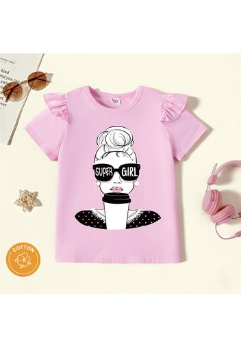 Kid Girl Letter Cartoon Print Ruffled Short-sleeve Cotton Tee