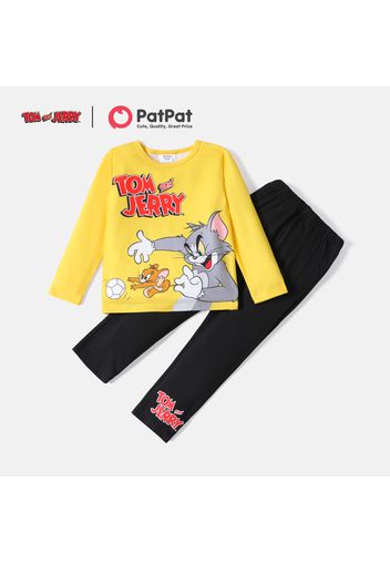 Tom and Jerry 2pcs Toddler Boy Letter Print Long-sleeve Tee and Black Pants Set