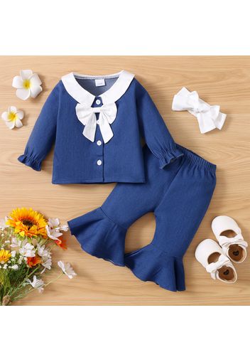 2pcs Baby Girl Blue Denim Long-sleeve Doll Collar Bowknot Top and Bell Bottom Pants Set