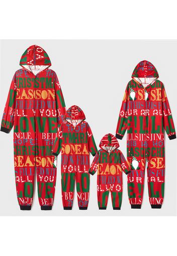 Christmas All Over Letter Print Red Family Matching Long-sleeve Hooded Onesies Pajamas Sets (Flame Resistant)