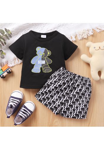 2pcs Baby Boy Cartoon Bear Print Short-sleeve Tee and Allover Letter Print Shorts Set