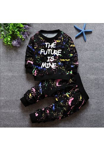 2pcs Baby Boy Letter Print Graffitied Black Sweatshirt and Sweatpants Set