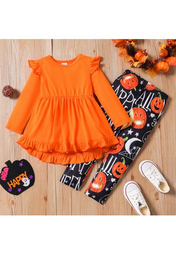 2pcs Toddler Girl Halloween Ruffled High Low Long-sleeve Tee and Allover Print Leggings Set