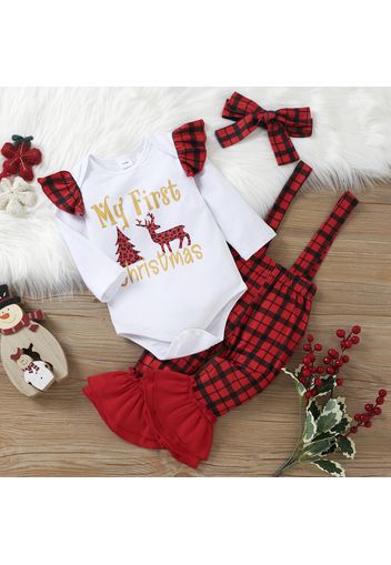 Christmas 3pcs Baby Reindeer and Letter Print Cotton Long-sleeve Romper and Red Plaid Bell Bottom Overalls Set