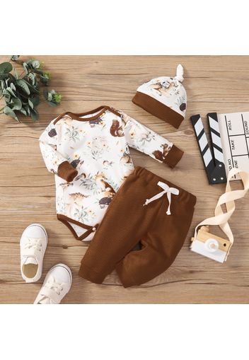 3pcs Baby Boy/Girl Allover Animal Print Long-sleeve Romper and Solid Waffle Pants with Hat Set