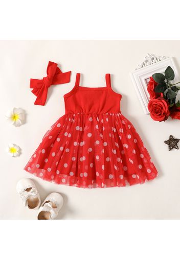 2pcs Baby Girl 95% Cotton Spliced Polka Dots Mesh Cami Dress with Headband Set