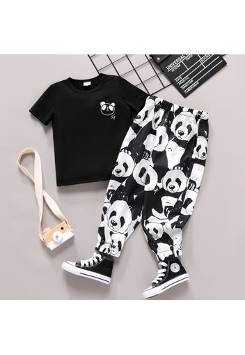 2pcs Toddler Boy Animal Panda Print Short-sleeve Black Tee and Elasticized Pants Set