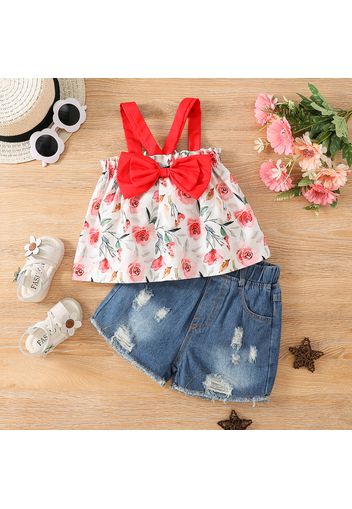 2pcs Baby Girl All Over Floral Print Spaghetti Strap Bowknot Top and Ripped Denim Shorts Set