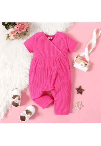 Baby Girl Pink Rib Knit Short-sleeve Jumpsuit