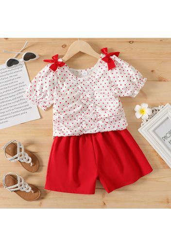 2pcs Kid Girl Polka dots Bowknot Design Ruched Puff-sleeve Blouse and Elasticized Shorts Set