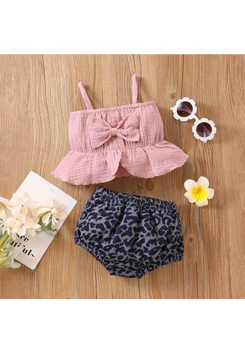 100% Cotton 2pcs Baby Girl Crepe Spaghetti Strap Bowknot Ruffle Crop Top and Leopard Shorts Set