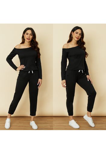 Solid Cold Shoulder Long-sleeve Jumpsuit