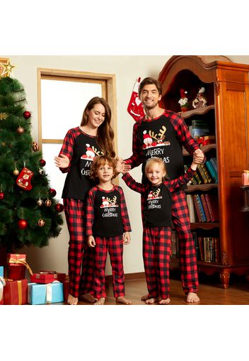 Christmas Cartoon Letter Print Family Matching Raglan Long-sleeve Red Plaid Pajamas Sets (Flame Resistant)