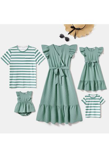 Family Matching Green Swiss Dot Flutter-sleeve Surplice Neck Belted Dresses and Striped Short-sleeve T-shirts Sets