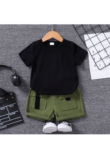 2pcs Toddler Boy Casual Black Tee and Belted Pocket Design Cargo Shorts Set