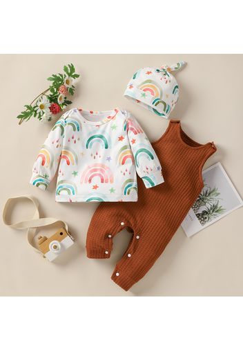 3-piece Baby Girl/Boy Rainbow Stars Print Long-sleeve Top, Waffle Corduroy Sleeveless Jumpsuit and Kontted Cap Set