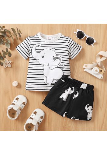 2pcs Baby Boy/Girl Striped Short-sleeve Cartoon Elephant Print Tee and Shorts Set