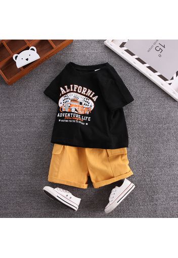 2pcs Toddler Boy Playful Letter Print Tee and Pocket Design Cargo Shorts Set