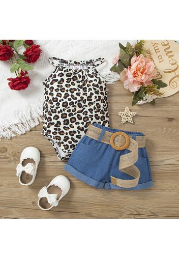 2pcs Baby Girl Leopard Halter Romper and Belted Imitation Denim Shorts Set