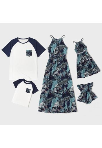 Family Matching All Over Plant Print Halter Neck Belted Dresses and Raglan-sleeve T-shirts Sets