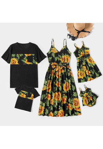 Sunflower Series Black Family Matching Sets(Sling Dresses for Mom and Girl - Short Sleeve T-shirts for Dad and Boy)