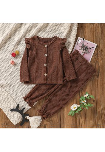 2-piece Toddler Girl Ruffled Cable Knit Textured Button Design Long-sleeve Top and Paperbag Pants Set