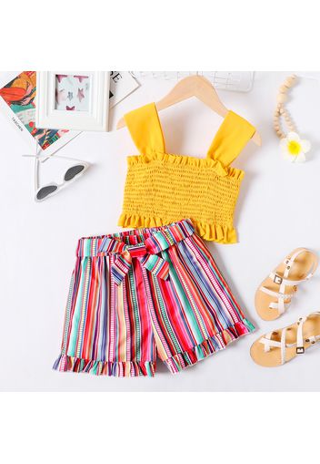 2pcs Kid Girl Smocked Ruffled Yellow Camisole and Stripe Shorts Set