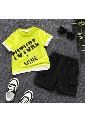 2pcs Toddler Boy Trendy Letter Print Faux-two Tee and Cargo Shorts Set