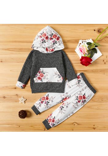 2-piece Baby / Toddler Floral Print Hooded Long-sleeve Pullover and Pants Set