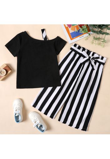 2-piece Kid Girl One Shoulder Strap Tee and Belted Stripe Paperbag Capri Pants Set