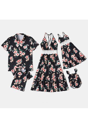 Floral Print Family Matching Sets(Lace Neck Strap Dresses for Mom ; Button Front Shirts for Dad and Boy ; Baby Rompers)