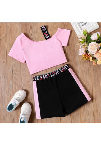 2-piece Kid Girl Letter Print Strap Pink Tee and Elasticized Colorblock Shorts Set