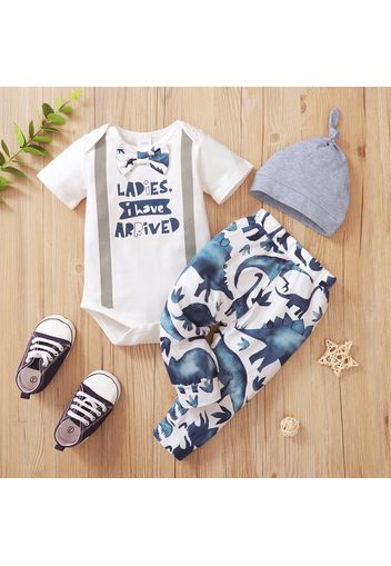 3pcs Baby Boy Letter Print Bow Tie Short-sleeve Romper with Dino Print Trousers and Hat Set