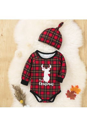 2pcs Christmas Letter Print Red Plaid Long-sleeve Jumpsuit Romper Set