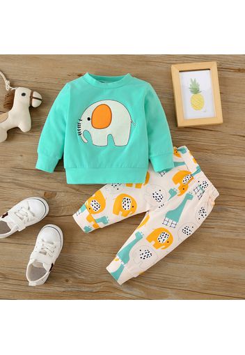 2pcs Baby Cartoon Elephant Pattern Long-sleeve Cotton Pullover and Trousers Set