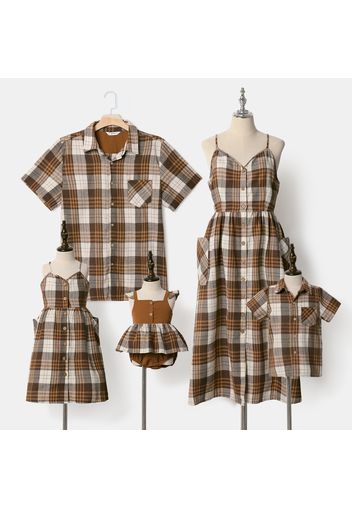 Family Matching Coffee Plaid V Neck Button Up Spaghetti Strap Dresses and Short-sleeve Shirts Sets