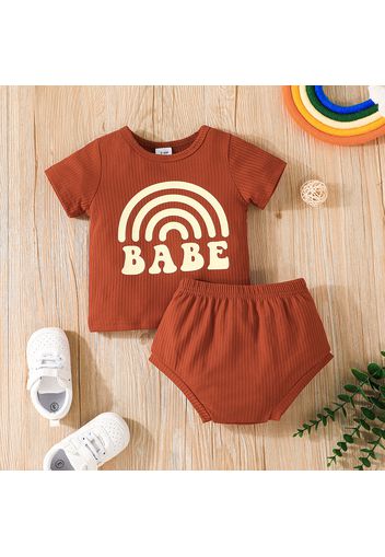 2pcs Baby Boy/Girl 95% Cotton Ribbed Short-sleeve Rainbow and Letter Print Tee and Shorts Set