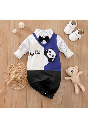 Baby Boy Striped Long-sleeve Faux-two Panda Print Colorblock Gentleman Jumpsuit