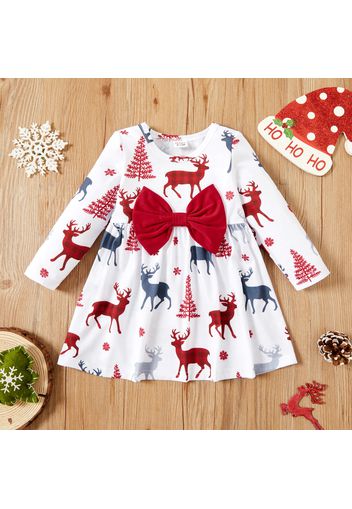 Baby Girl Christmas Plaid/Deer Print Long-sleeve Bowknot Dress